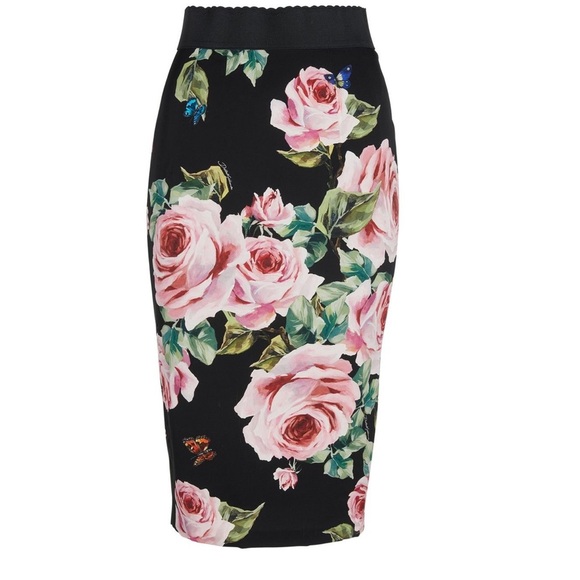 Dolce & Gabbana Silk Skirt Black Green Pink Floral Print Scalloped Grosgrain Zip - Picture 1 of 11